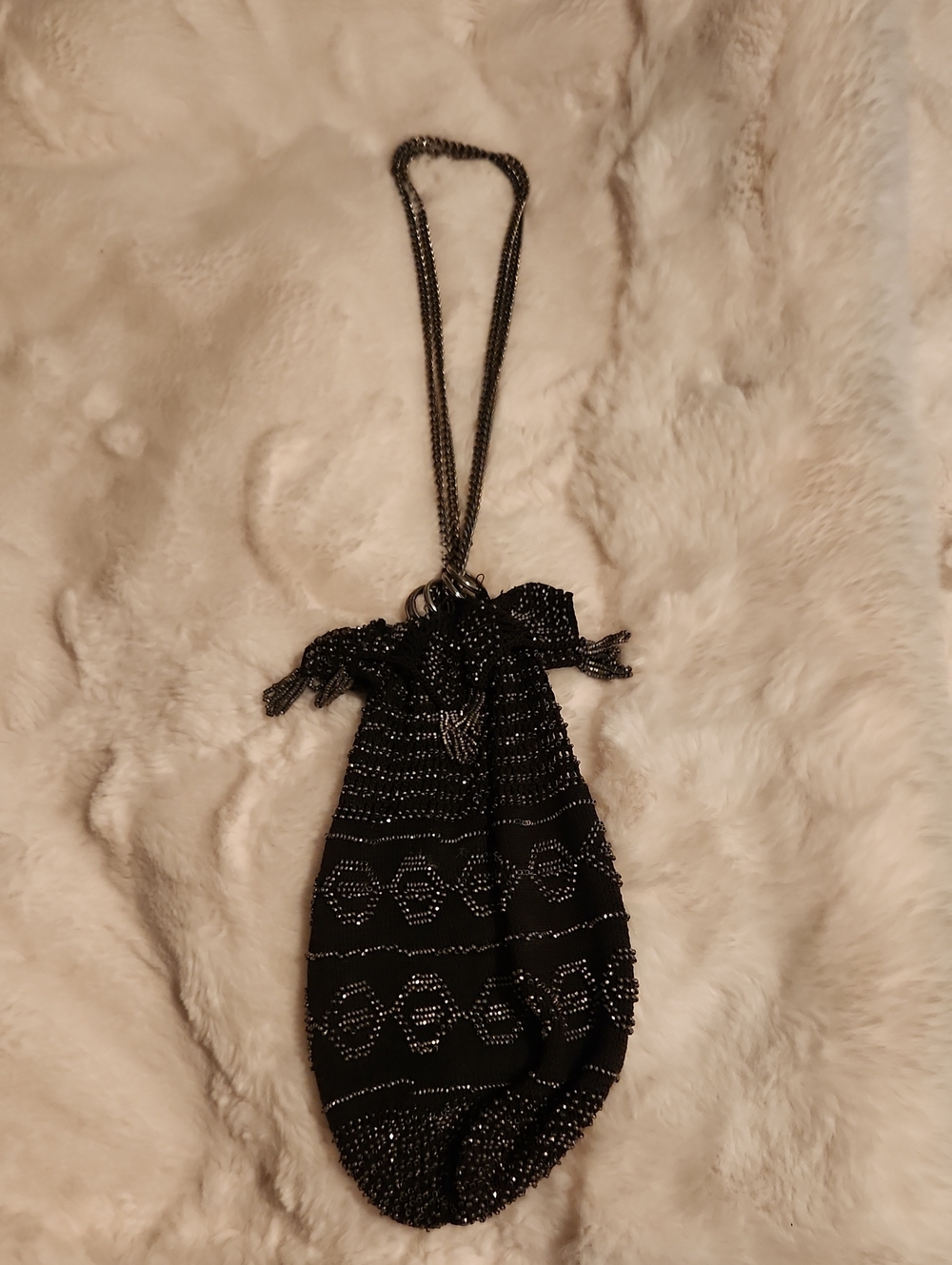 Vintage Black Beaded Drawstring Evening Bag